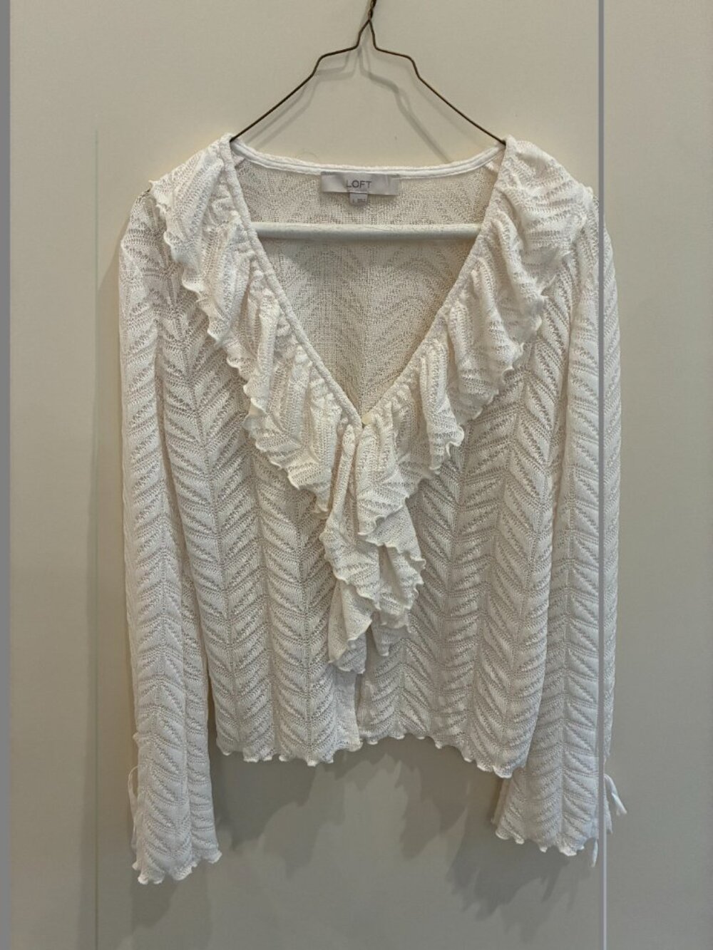 LOFT Pointelle Ruffle Tie Cuff Top Textured Blouse Size Small-NEW WITHOUT TAGS!